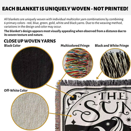 Tarot Card Black Cat The Sun Black and White Woven Throw Blanket and Tapestry - DesignerOllie.com