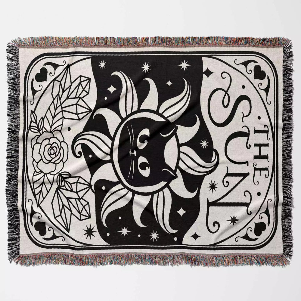 Tarot Card Black Cat The Sun Black and White Woven Throw Blanket and Tapestry - DesignerOllie.com