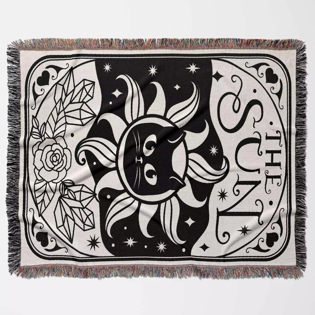 Tarot Card Black Cat The Sun Black and White Woven Throw Blanket and Tapestry - DesignerOllie.com