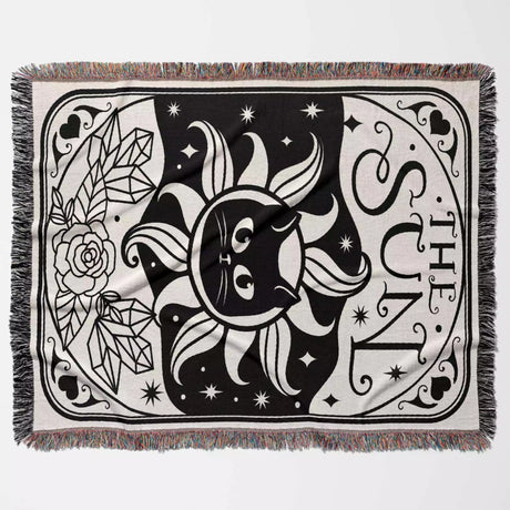 Tarot Card Black Cat The Sun Black and White Woven Throw Blanket and Tapestry - DesignerOllie.com