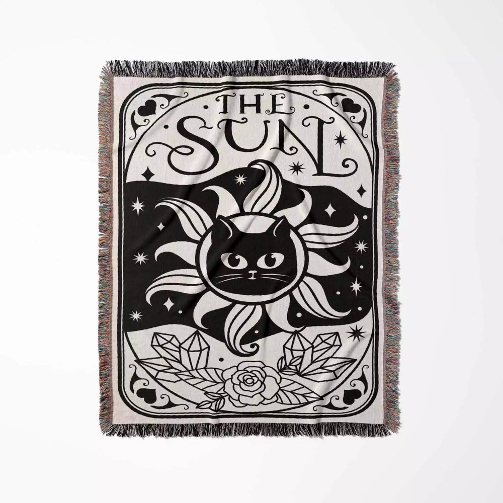 Tarot Card Black Cat The Sun Black and White Woven Throw Blanket and Tapestry - DesignerOllie.com
