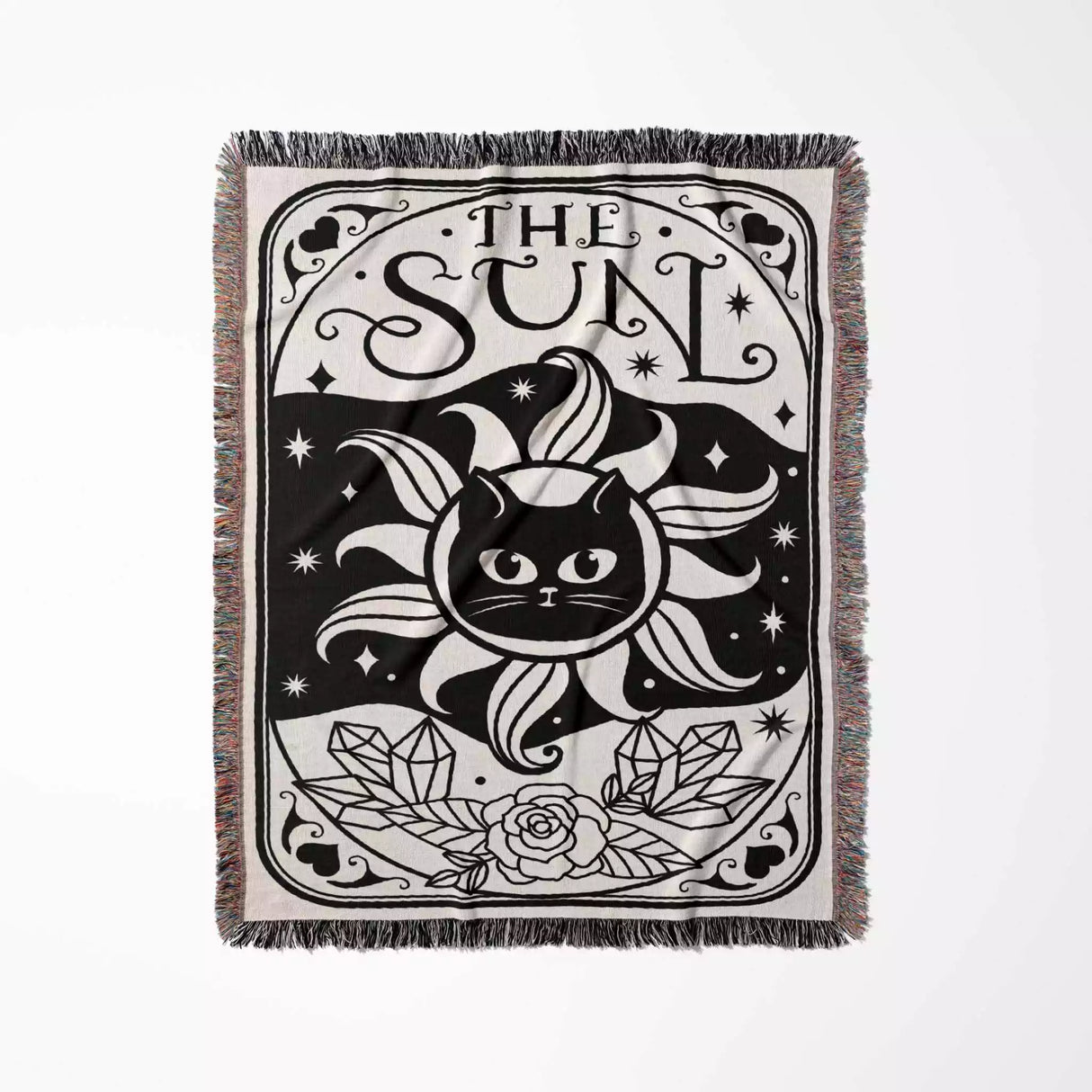 Tarot Card Black Cat The Sun Black and White Woven Throw Blanket and Tapestry - DesignerOllie.com