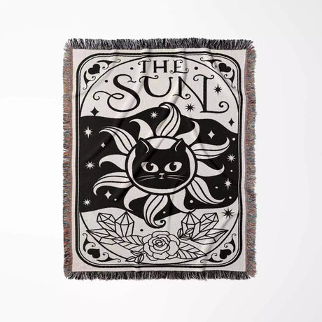Tarot Card Black Cat The Sun Black and White Woven Throw Blanket and Tapestry - DesignerOllie.com