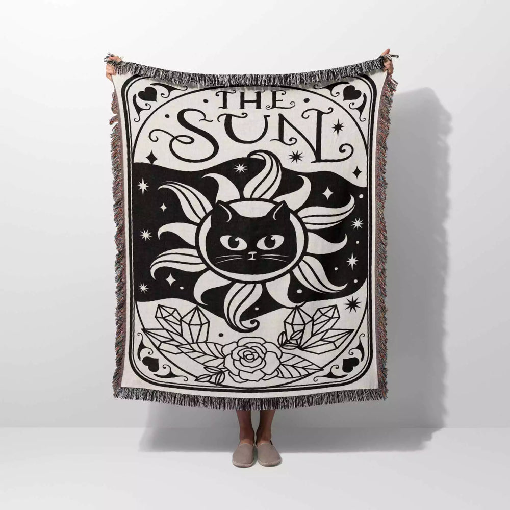Tarot Card Black Cat The Sun Black and White Woven Throw Blanket and Tapestry - DesignerOllie.com