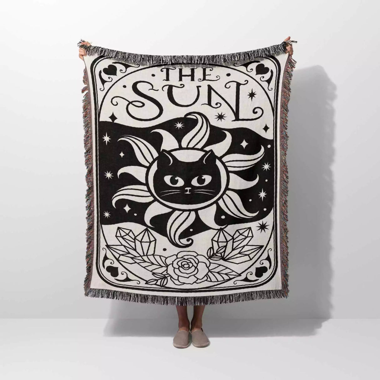 Tarot Card Black Cat The Sun Black and White Woven Throw Blanket and Tapestry - DesignerOllie.com