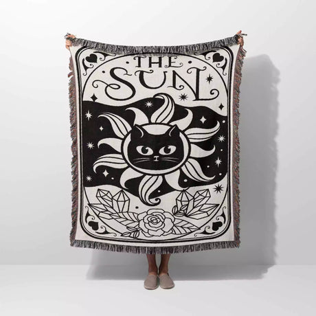 Tarot Card Black Cat The Sun Black and White Woven Throw Blanket and Tapestry - DesignerOllie.com