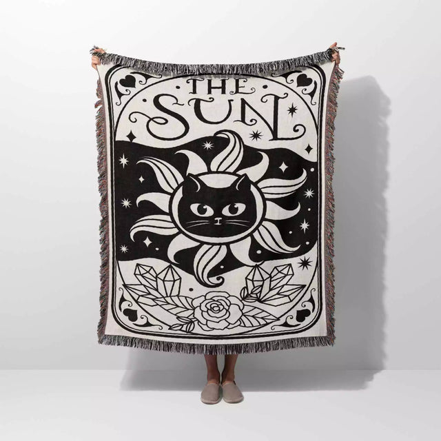 Tarot Card Black Cat The Sun Black and White Woven Throw Blanket and Tapestry - DesignerOllie.com