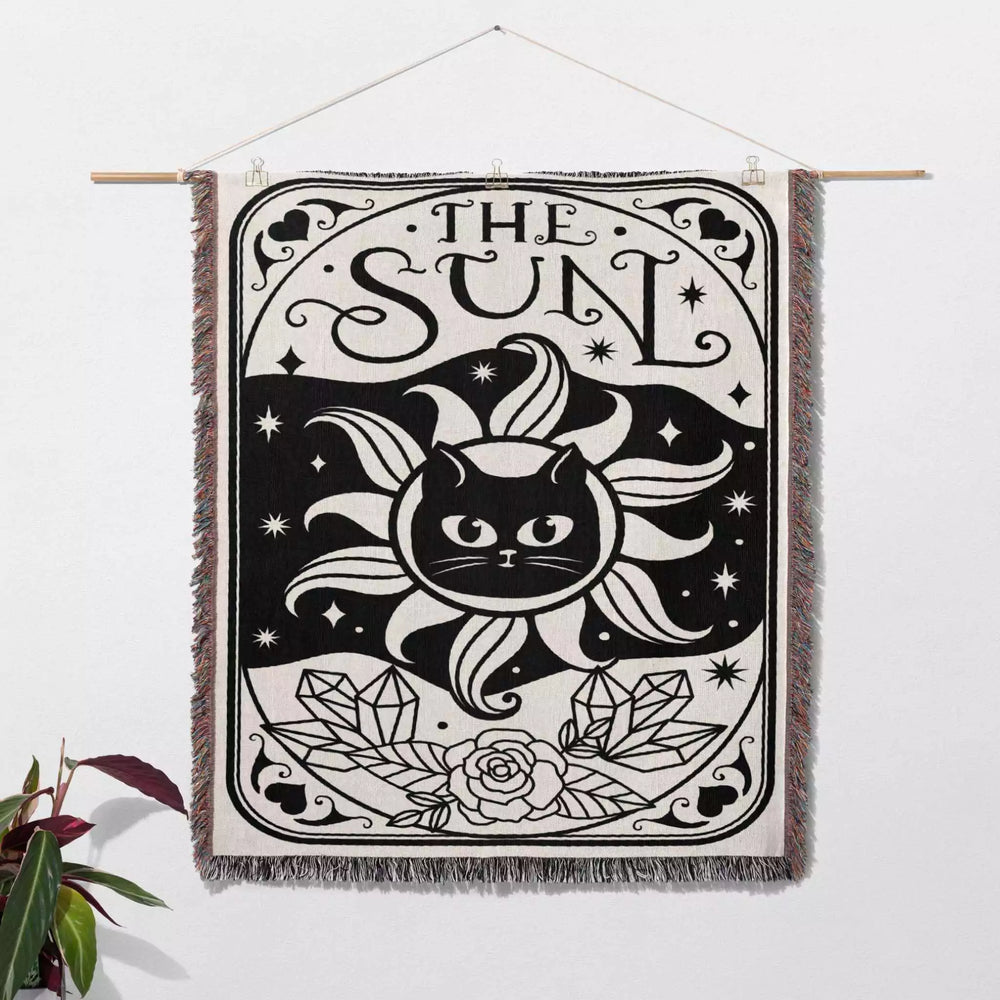 Tarot Card Black Cat The Sun Black and White Woven Throw Blanket and Tapestry - DesignerOllie.com
