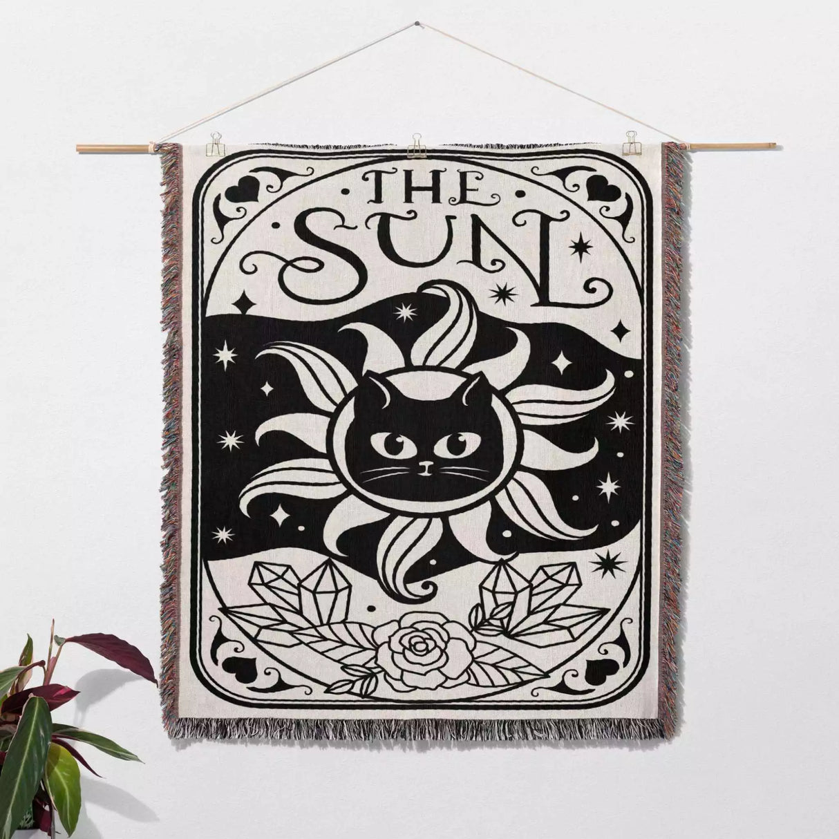 Tarot Card Black Cat The Sun Black and White Woven Throw Blanket and Tapestry - DesignerOllie.com