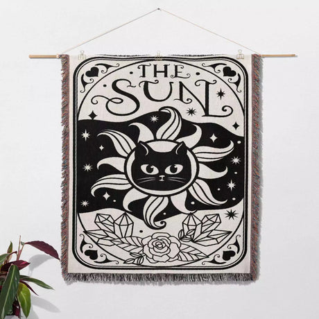 Tarot Card Black Cat The Sun Black and White Woven Throw Blanket and Tapestry - DesignerOllie.com