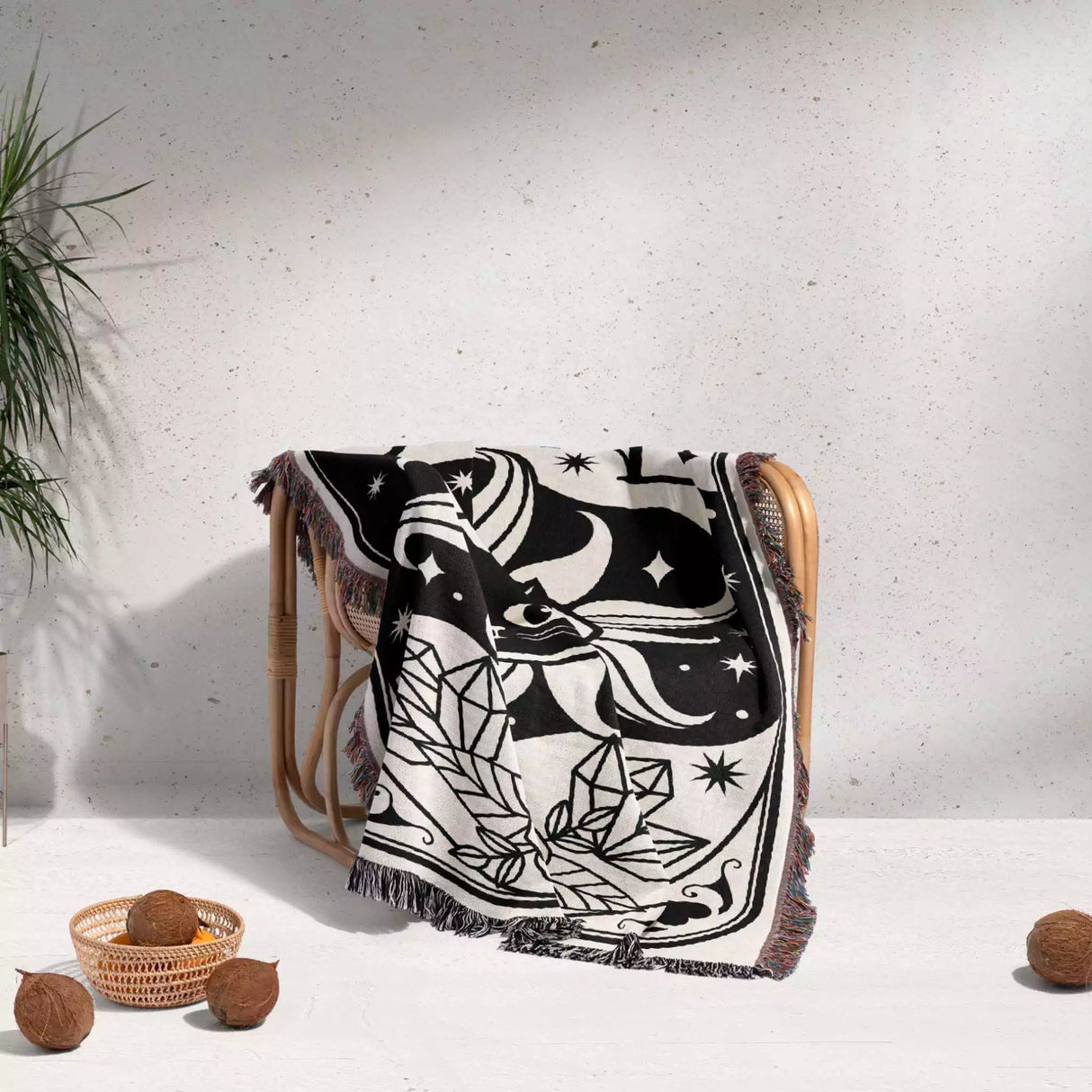 Tarot Card Black Cat The Sun Black and White Woven Throw Blanket and Tapestry - DesignerOllie.com