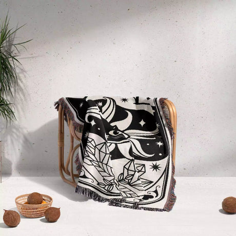 Tarot Card Black Cat The Sun Black and White Woven Throw Blanket and Tapestry - DesignerOllie.com