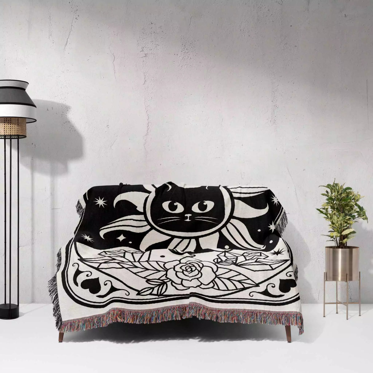 Tarot Card Black Cat The Sun Black and White Woven Throw Blanket and Tapestry - DesignerOllie.com