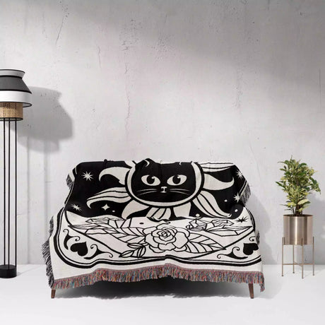 Tarot Card Black Cat The Sun Black and White Woven Throw Blanket and Tapestry - DesignerOllie.com
