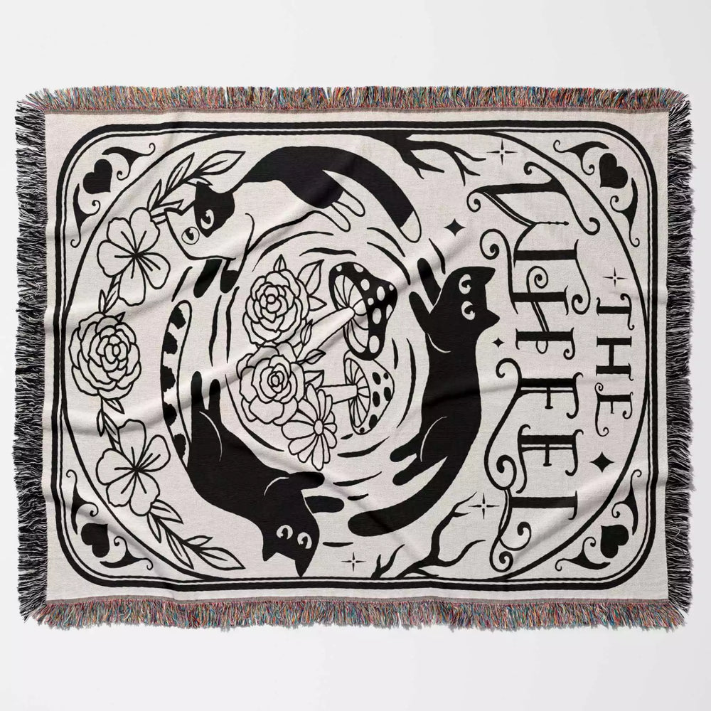Tarot Card Black Cat The Wheel Black and White Woven Throw Blanket and Tapestry - DesignerOllie.com