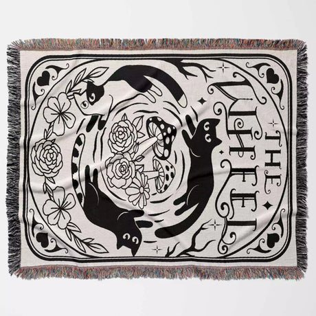 Tarot Card Black Cat The Wheel Black and White Woven Throw Blanket and Tapestry - DesignerOllie.com