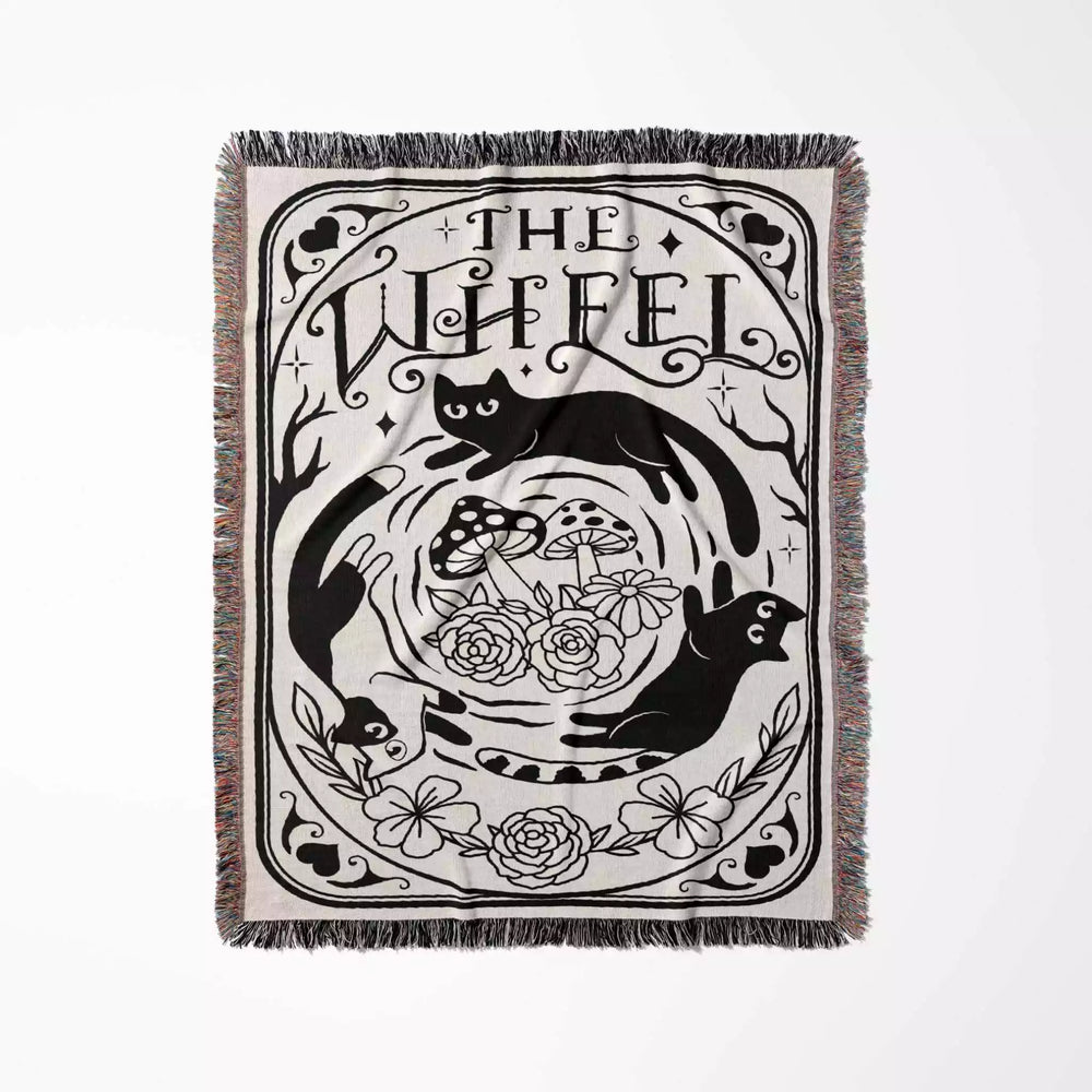 Tarot Card Black Cat The Wheel Black and White Woven Throw Blanket and Tapestry - DesignerOllie.com
