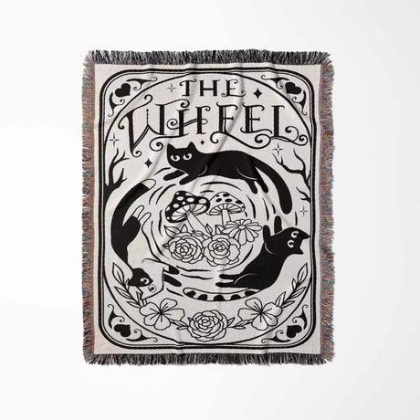 Tarot Card Black Cat The Wheel Black and White Woven Throw Blanket and Tapestry - DesignerOllie.com