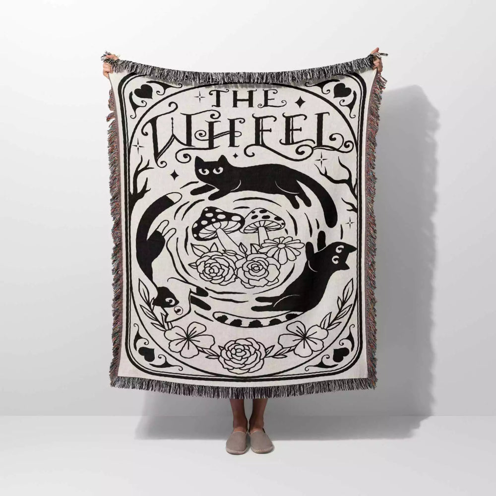 Tarot Card Black Cat The Wheel Black and White Woven Throw Blanket and Tapestry - DesignerOllie.com