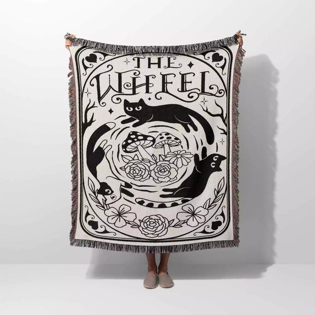 Tarot Card Black Cat The Wheel Black and White Woven Throw Blanket and Tapestry - DesignerOllie.com
