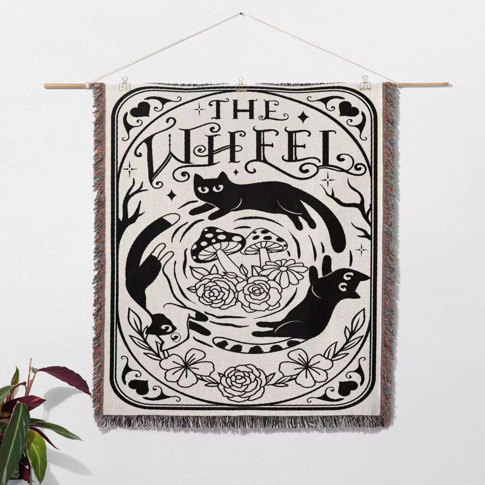 Tarot Card Black Cat The Wheel Black and White Woven Throw Blanket and Tapestry - DesignerOllie.com