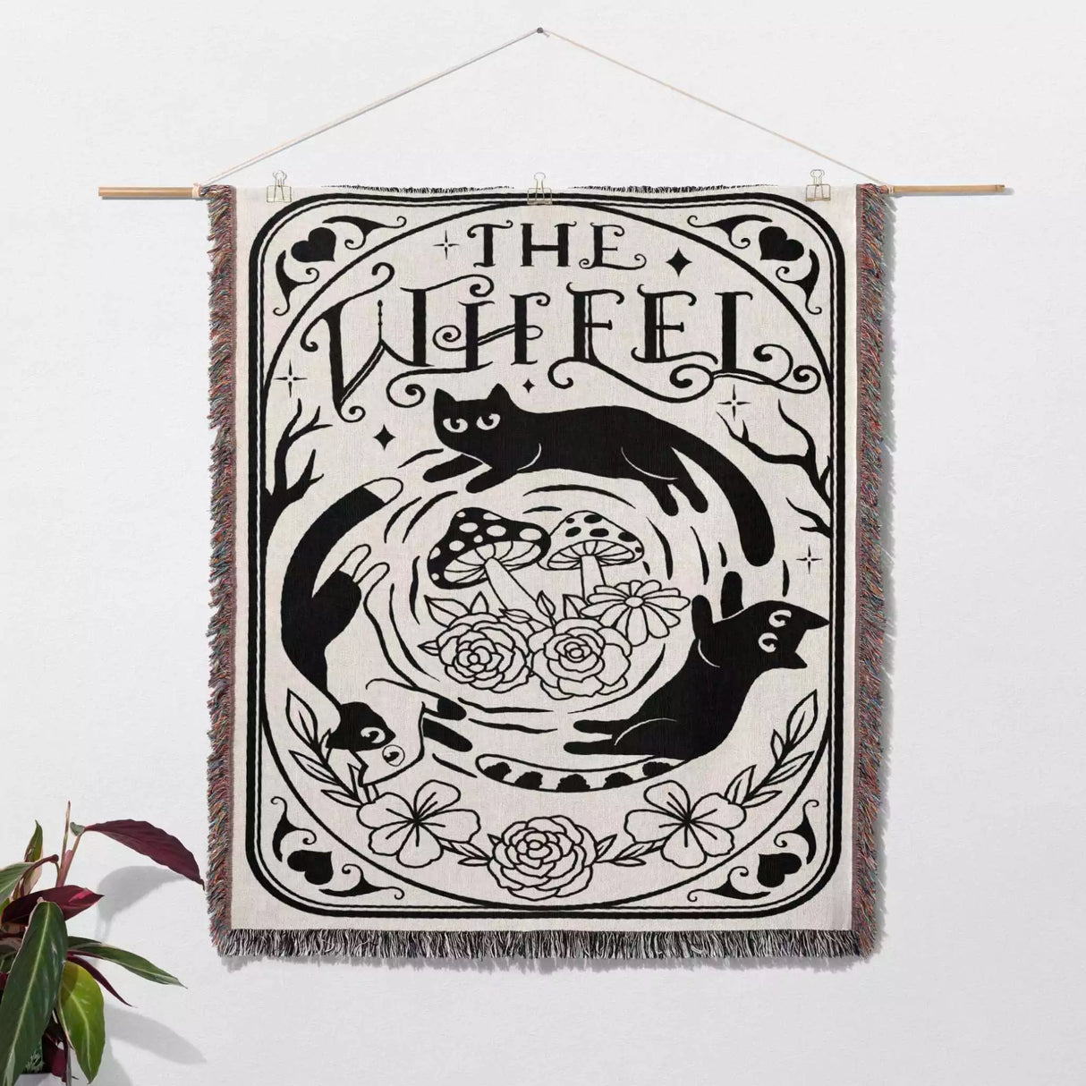 Tarot Card Black Cat The Wheel Black and White Woven Throw Blanket and Tapestry - DesignerOllie.com
