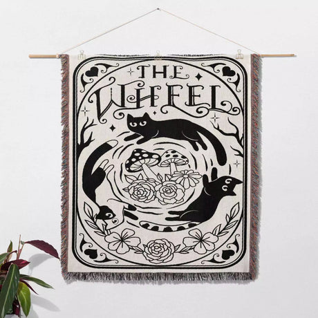 Tarot Card Black Cat The Wheel Black and White Woven Throw Blanket and Tapestry - DesignerOllie.com