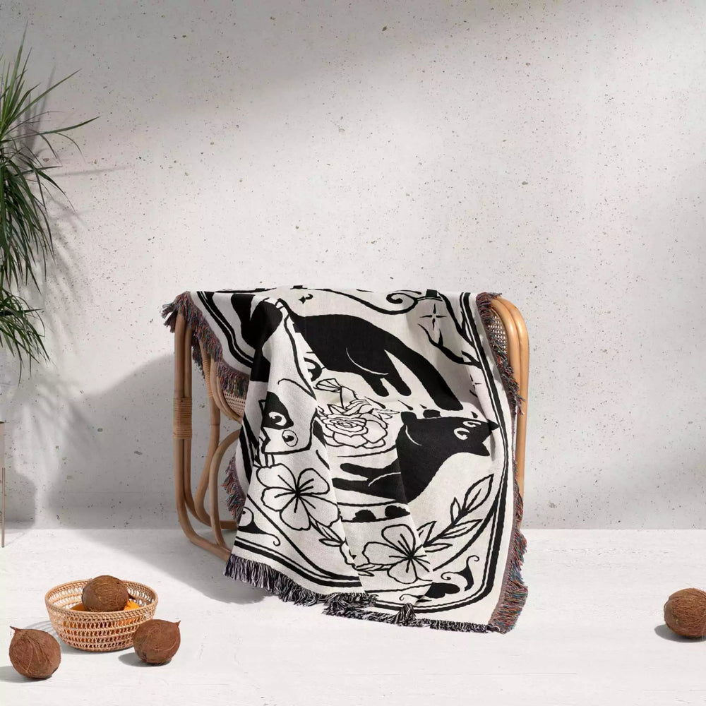 Tarot Card Black Cat The Wheel Black and White Woven Throw Blanket and Tapestry - DesignerOllie.com