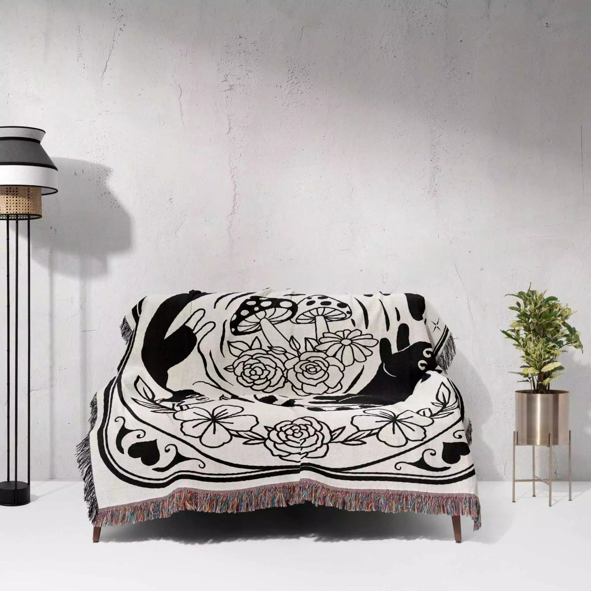 Tarot Card Black Cat The Wheel Black and White Woven Throw Blanket and Tapestry - DesignerOllie.com