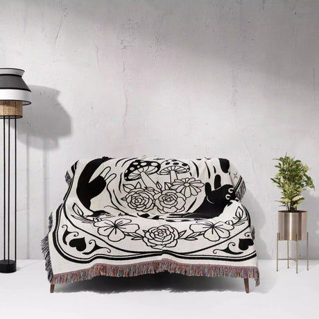 Tarot Card Black Cat The Wheel Black and White Woven Throw Blanket and Tapestry - DesignerOllie.com