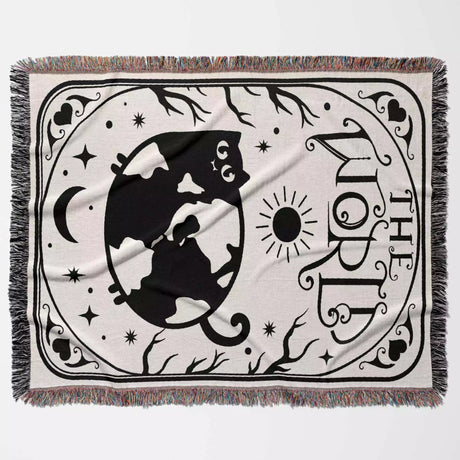 Tarot Card Black Cat The World Black and White Woven Throw Blanket and Tapestry - DesignerOllie.com