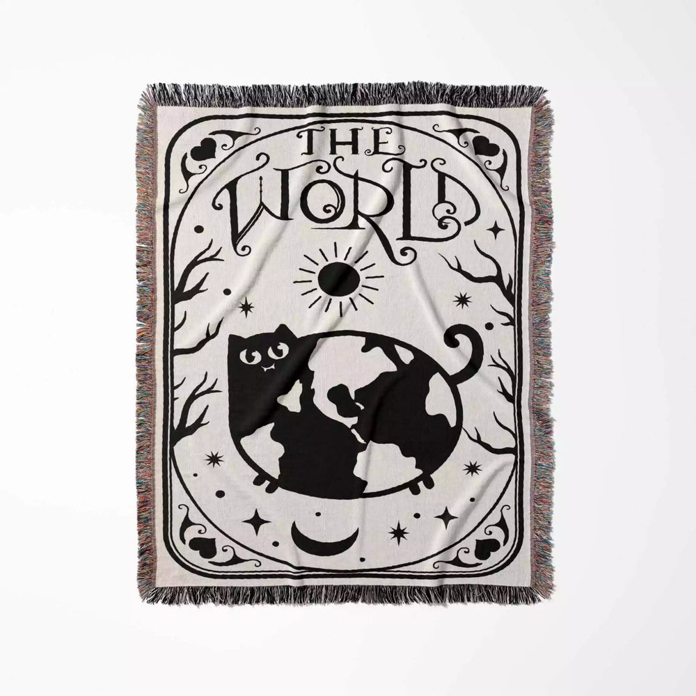 Tarot Card Black Cat The World Black and White Woven Throw Blanket and Tapestry - DesignerOllie.com