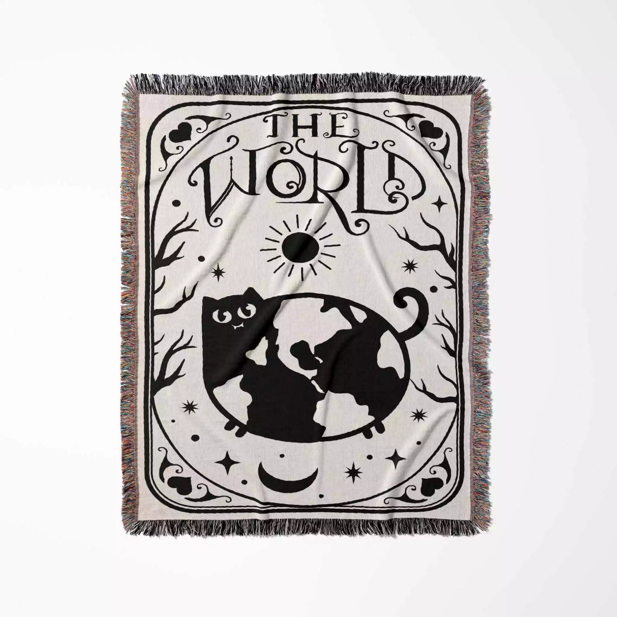 Tarot Card Black Cat The World Black and White Woven Throw Blanket and Tapestry - DesignerOllie.com