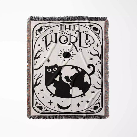 Tarot Card Black Cat The World Black and White Woven Throw Blanket and Tapestry - DesignerOllie.com