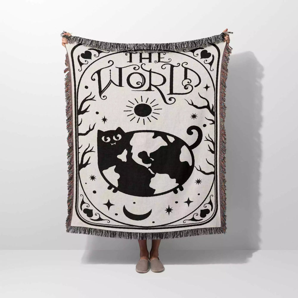 Tarot Card Black Cat The World Black and White Woven Throw Blanket and Tapestry - DesignerOllie.com