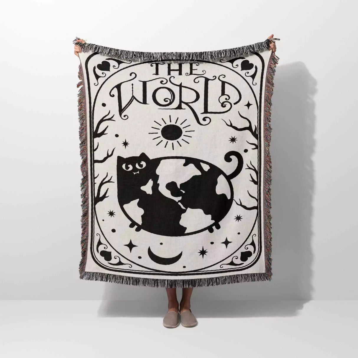 Tarot Card Black Cat The World Black and White Woven Throw Blanket and Tapestry - DesignerOllie.com