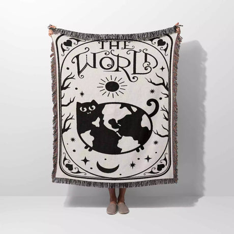 Tarot Card Black Cat The World Black and White Woven Throw Blanket and Tapestry - DesignerOllie.com