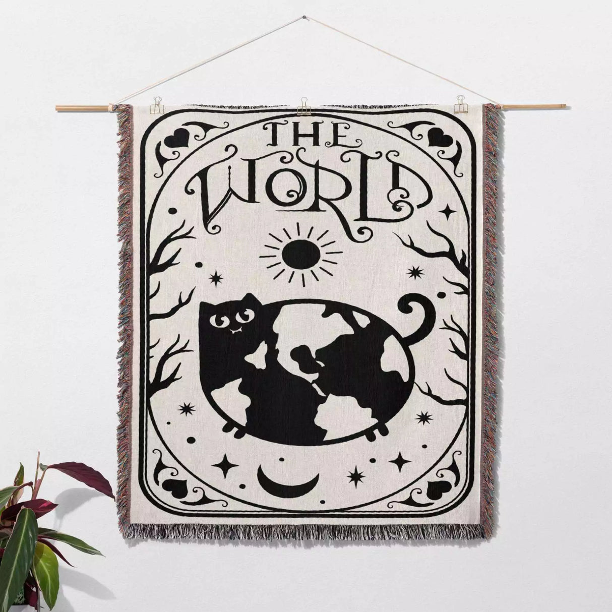 Tarot Card Black Cat The World Black and White Woven Throw Blanket and Tapestry - DesignerOllie.com