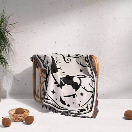 Tarot Card Black Cat The World Black and White Woven Throw Blanket and Tapestry - DesignerOllie.com