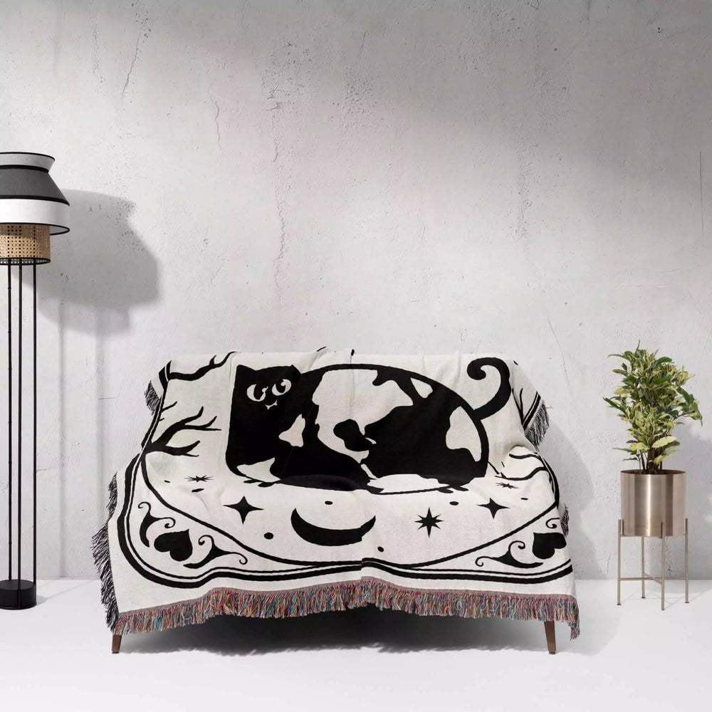 Tarot Card Black Cat The World Black and White Woven Throw Blanket and Tapestry - DesignerOllie.com