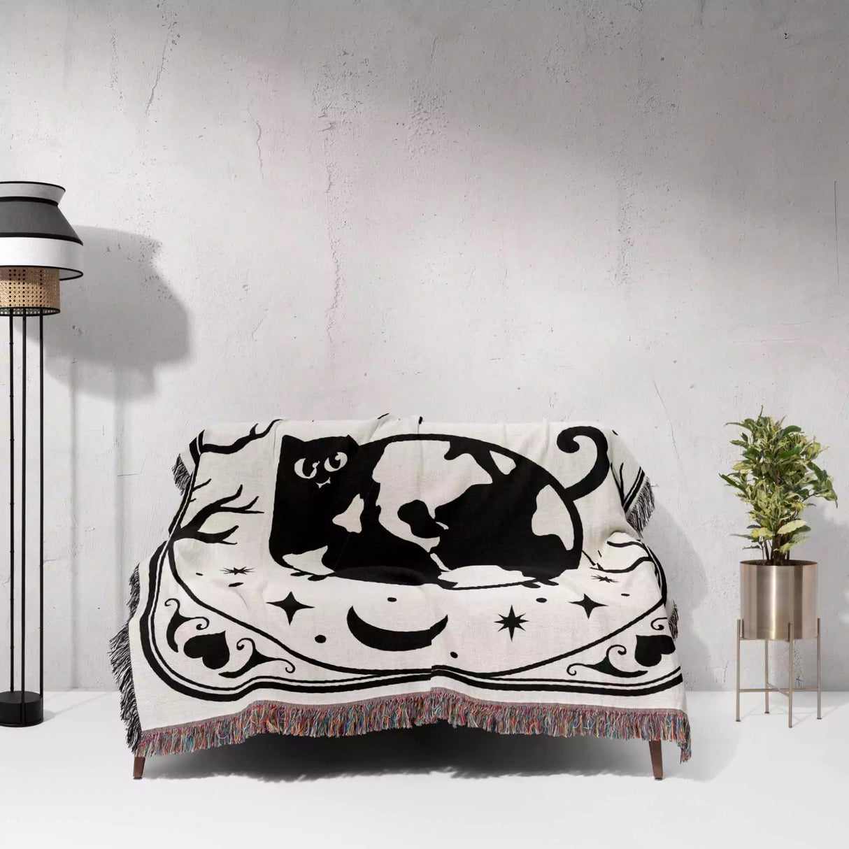 Tarot Card Black Cat The World Black and White Woven Throw Blanket and Tapestry - DesignerOllie.com