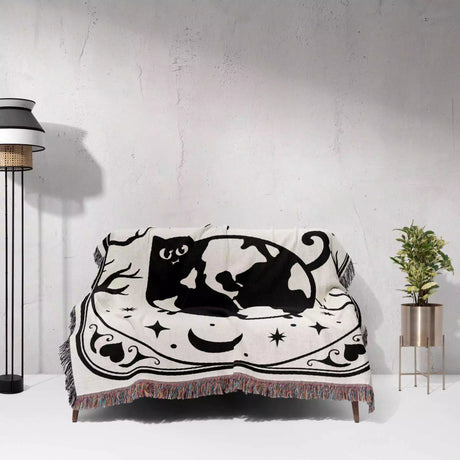 Tarot Card Black Cat The World Black and White Woven Throw Blanket and Tapestry - DesignerOllie.com