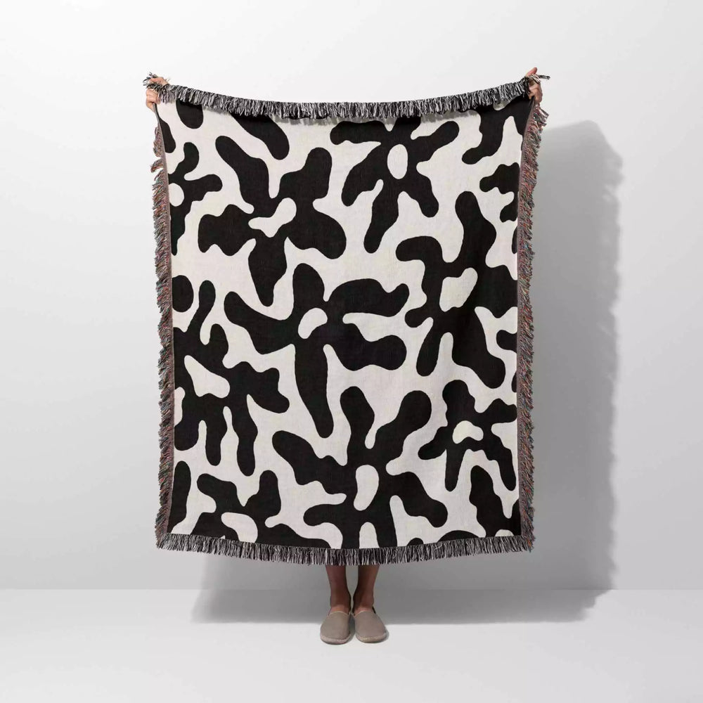 Trendy Groovy Corals Black and White Woven Throw Blanket and Tapestry - DesignerOllie.com