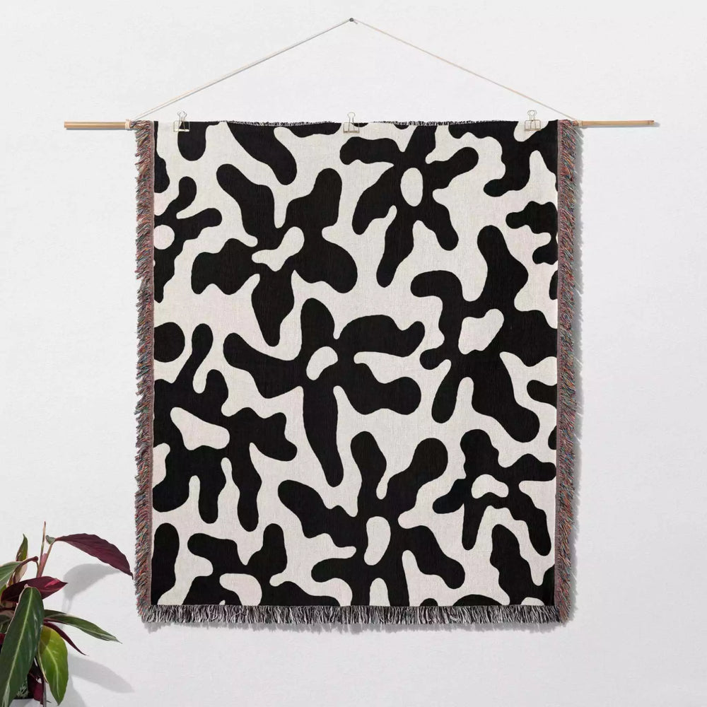 Trendy Groovy Corals Black and White Woven Throw Blanket and Tapestry - DesignerOllie.com