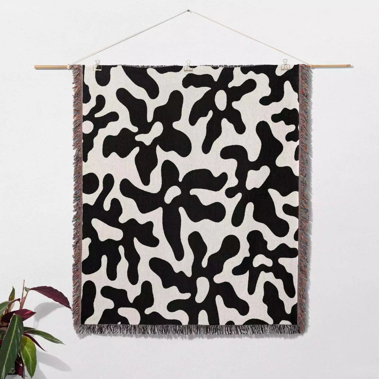 Trendy Groovy Corals Black and White Woven Throw Blanket and Tapestry - DesignerOllie.com