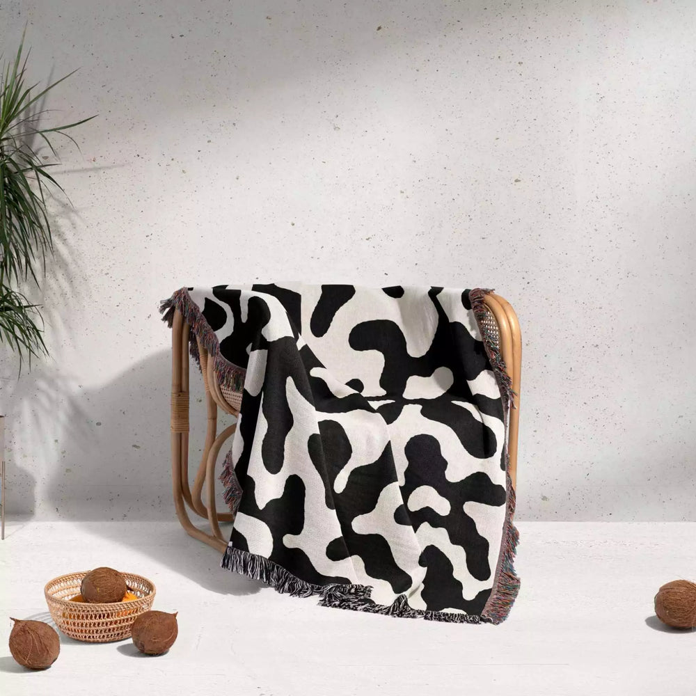 Trendy Groovy Corals Black and White Woven Throw Blanket and Tapestry - DesignerOllie.com