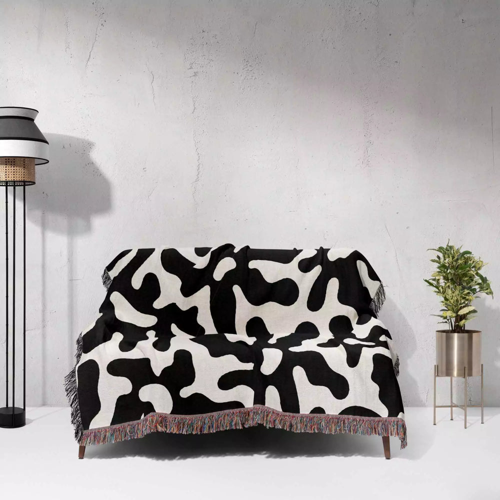 Trendy Groovy Corals Black and White Woven Throw Blanket and Tapestry - DesignerOllie.com