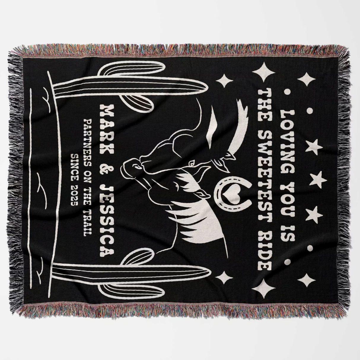 Two horses 2nd anniversary gift woven throw blanket flat lay with white graphics and text, featuring a horse and rider design.