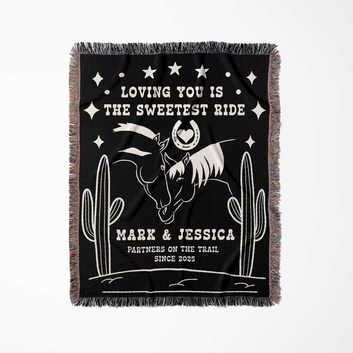 Two horses 2nd anniversary gift woven throw blanket full view with horse design and text on a white background