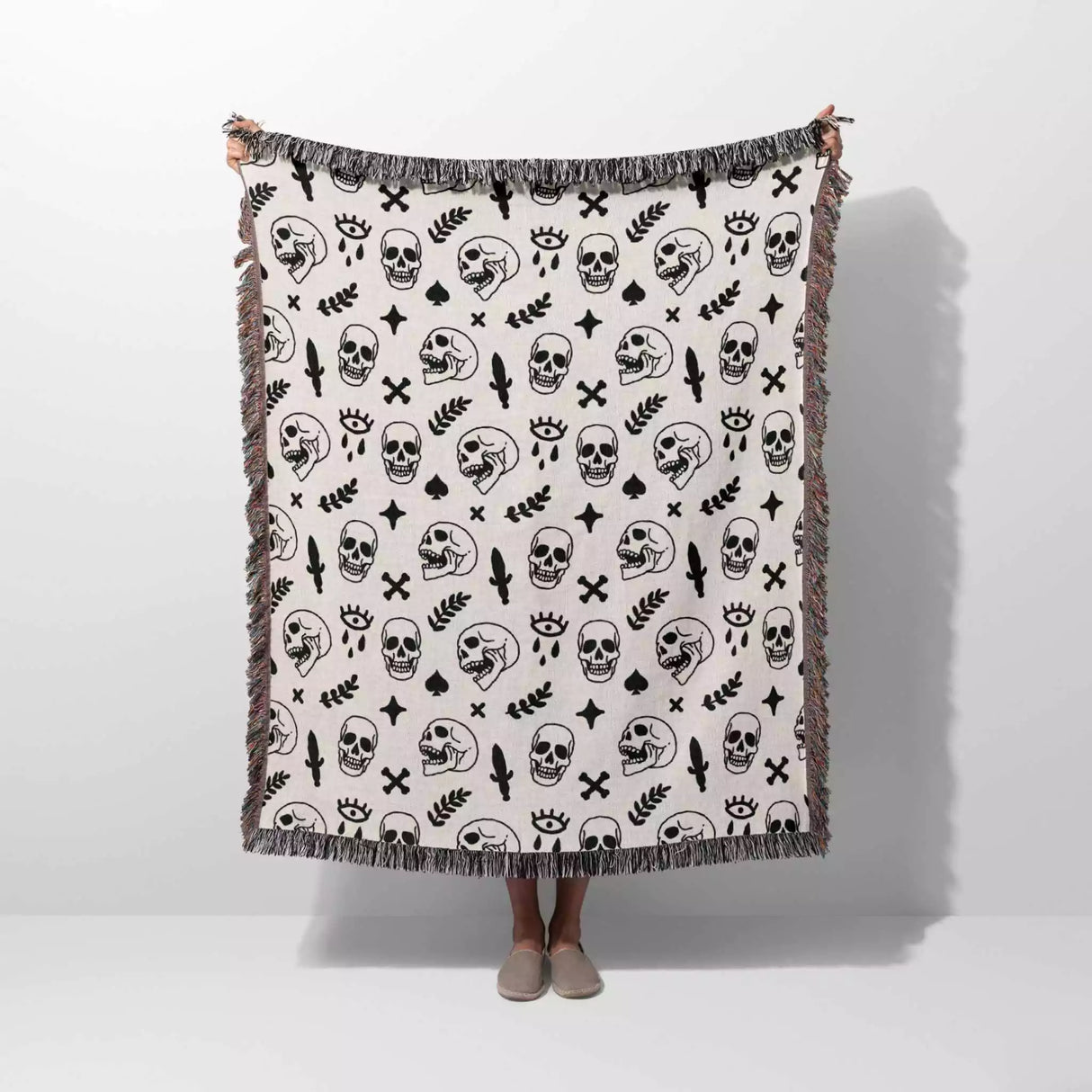 Whimsy Skulls Black and White Woven Throw Blanket and Tapestry - DesignerOllie.com